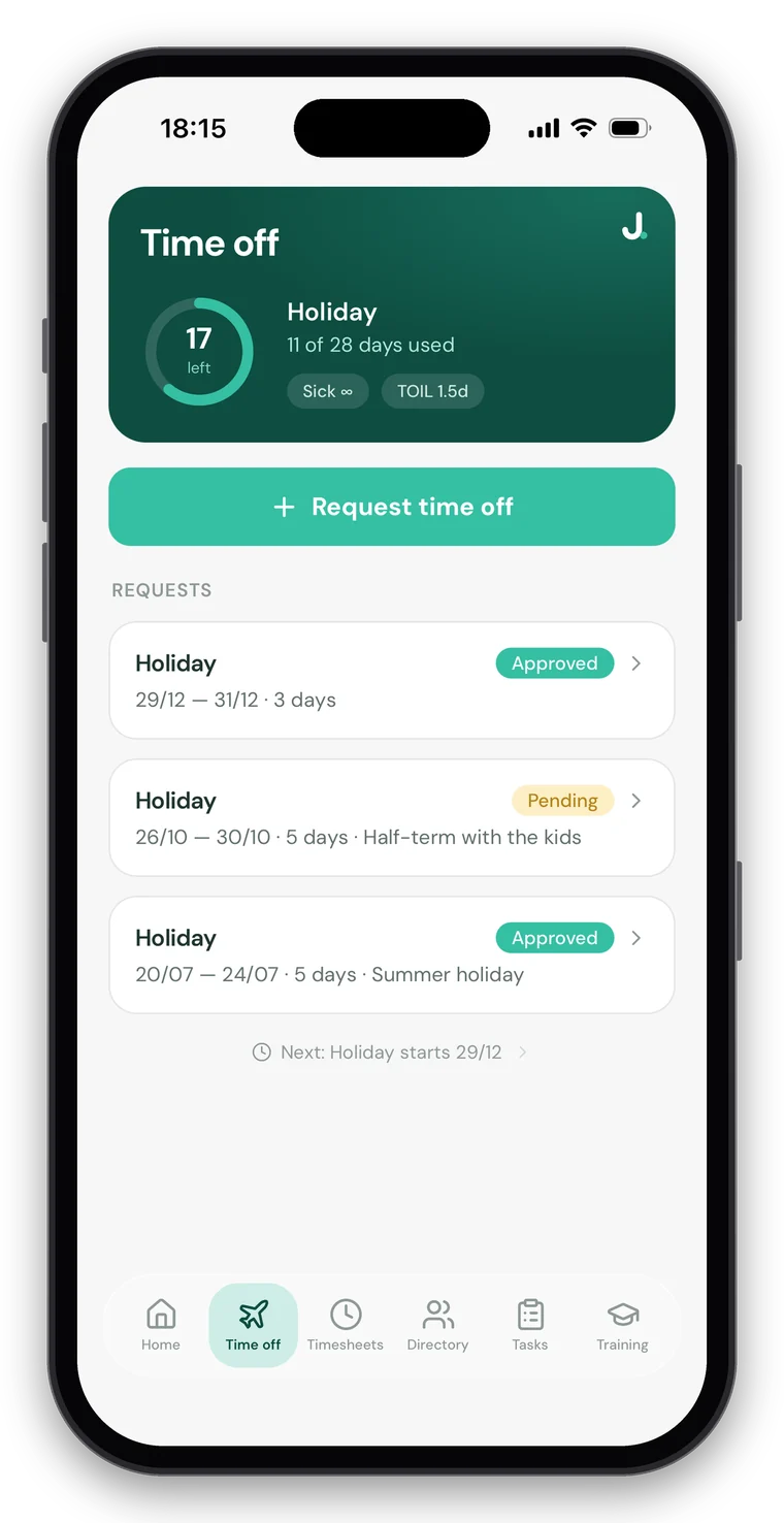 Jamie HR app showing 17 of 28 holiday days left and a Request time off button