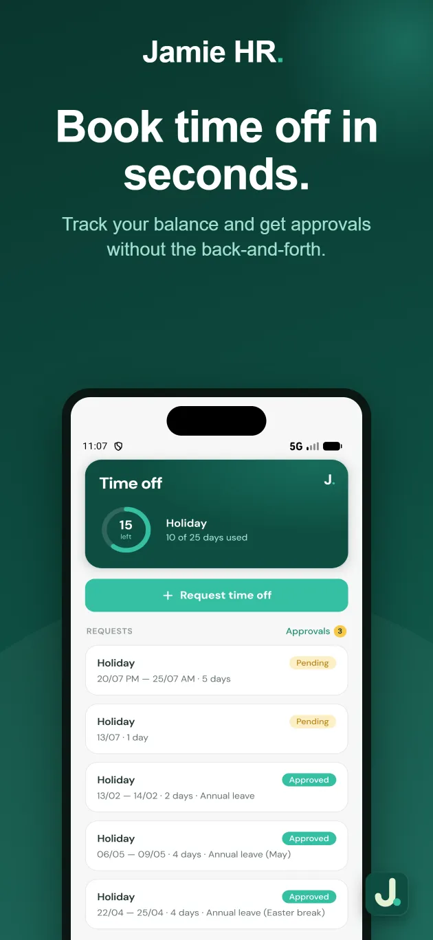 Jamie HR app time off screen