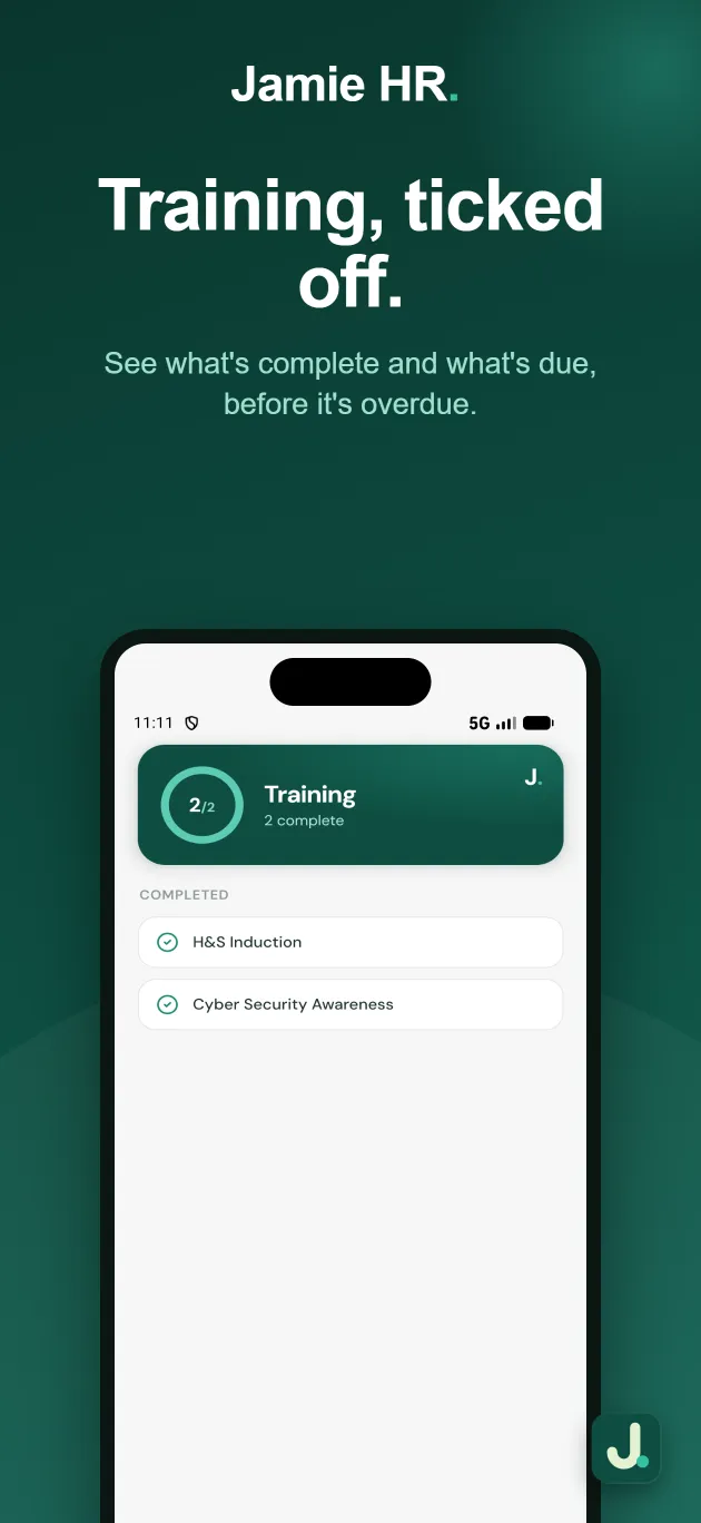 The Jamie HR app's training screen, showing completed courses