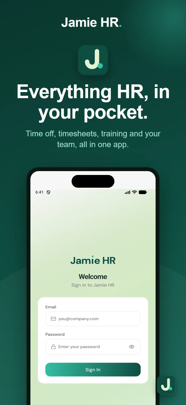 Jamie HR app welcome screen